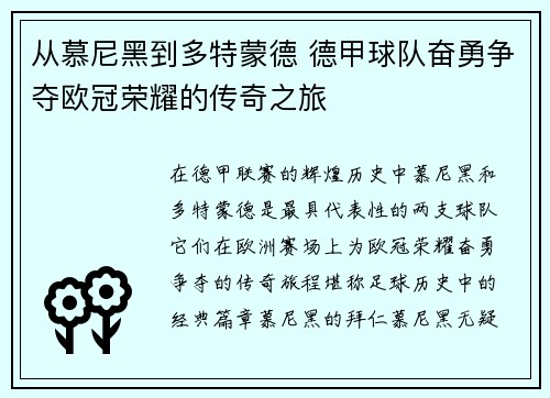 从慕尼黑到多特蒙德 德甲球队奋勇争夺欧冠荣耀的传奇之旅
