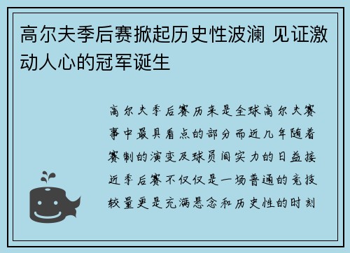 高尔夫季后赛掀起历史性波澜 见证激动人心的冠军诞生