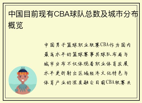 中国目前现有CBA球队总数及城市分布概览